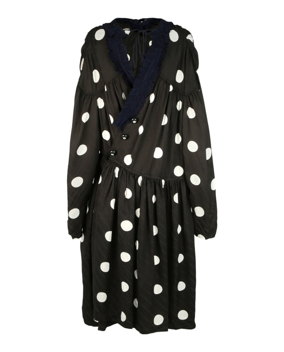 Balenciaga Oversized Polka-Dot Midi Dress With Ruffled Neckline