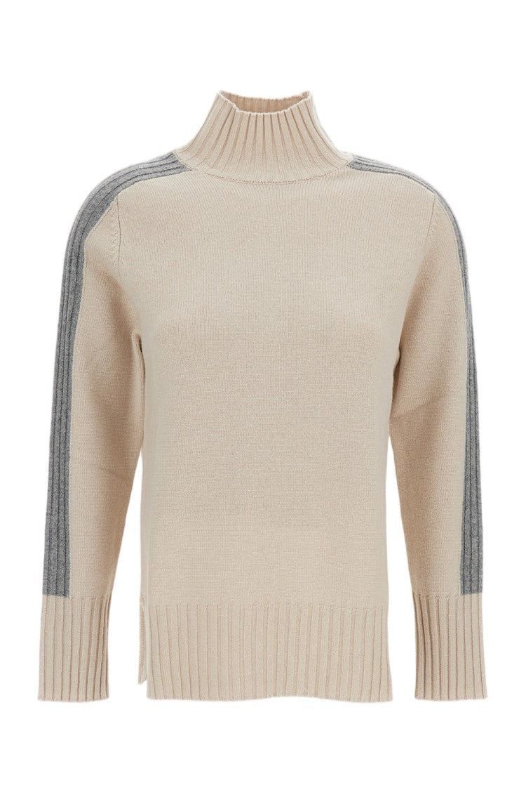 Lorena Antoniazzi Beige Mock Neck Sweater With Contrasting Grey Stripes