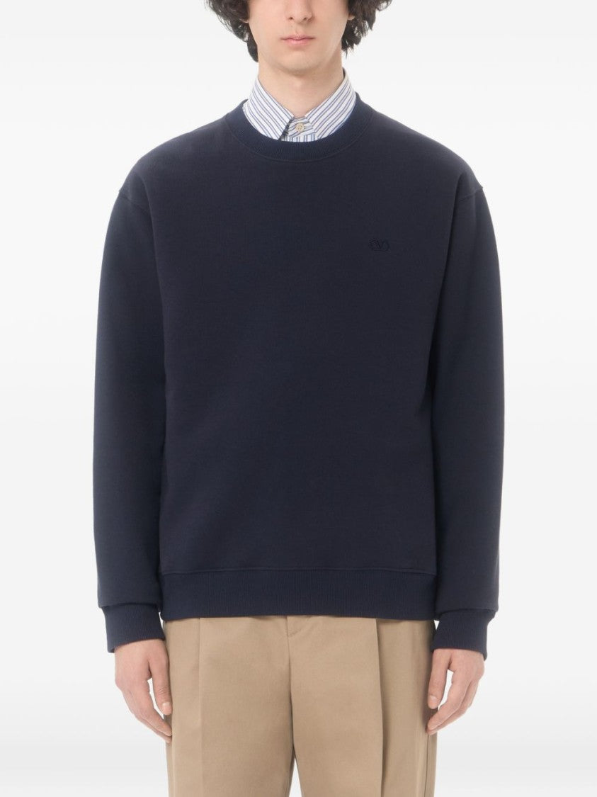 Valentino Garavani Black Crewneck Embroidered Ribbed Details Sweatshirt