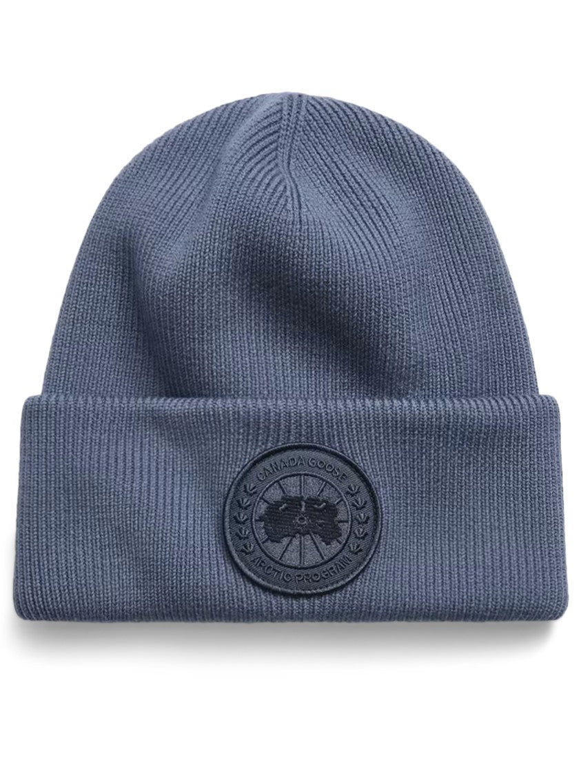 Canada Goose Knitted Blue Beanie With Cuff And Embossed Logo