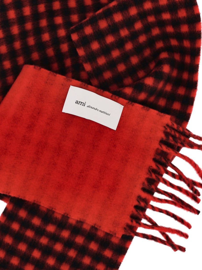 Ami Paris Red Checkered Wool Scarf
