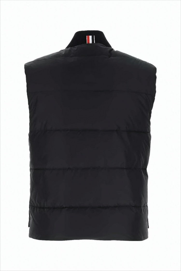 Thom Browne Navy Padded Vest With High Collar And Stripe Accents
