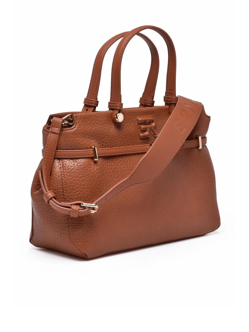 Ermanno Firenze Structured Cognac Handbag With Versatile Design And Logo Detail