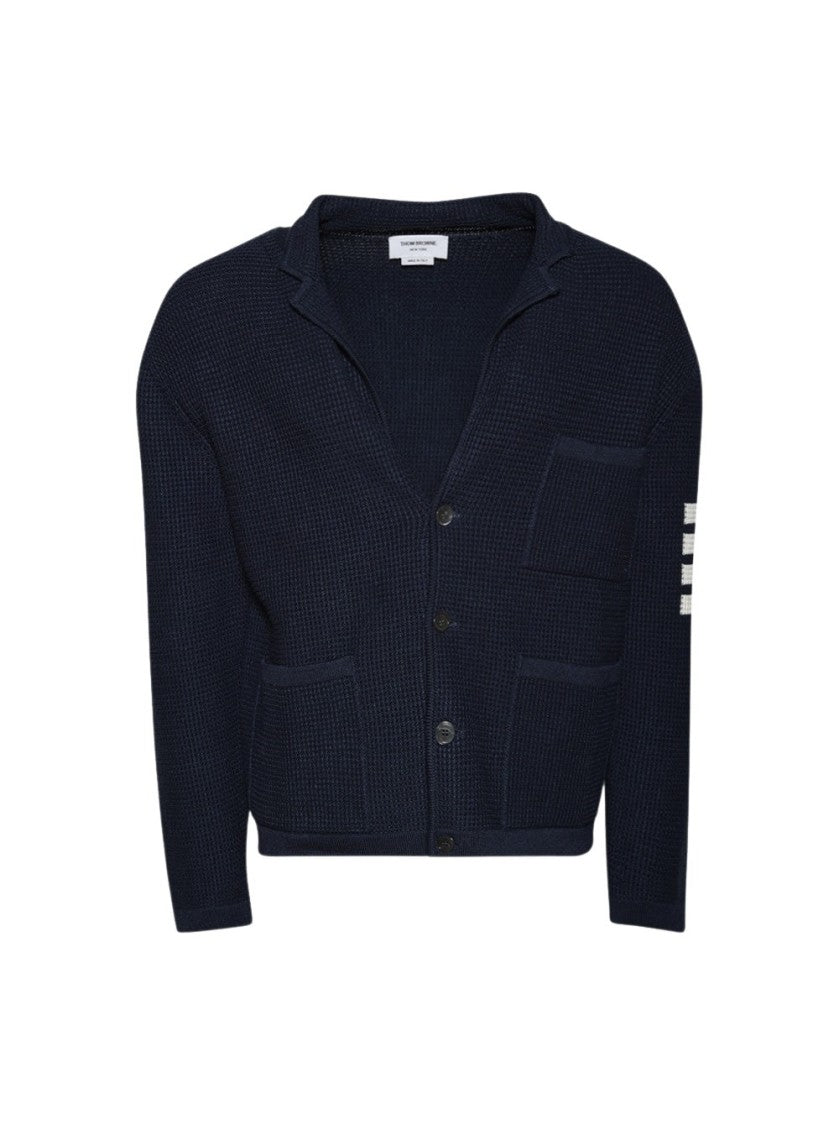 Thom Browne Linen Cotton 4-Bar Cardigan Dark Blue