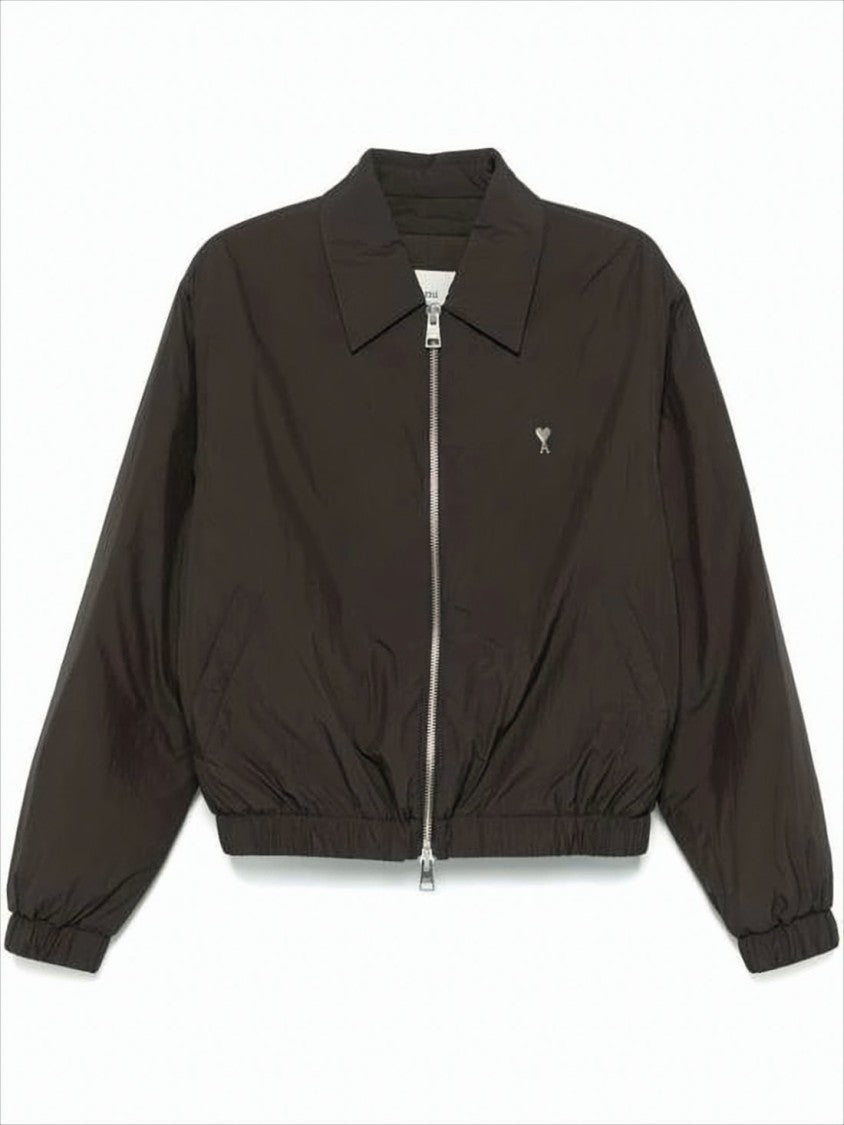 Ami Paris Cropped Black Bomber Jacket With Classic Collar And Logo Detail