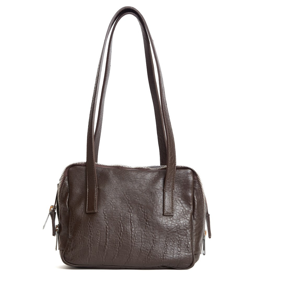 Amine Crinkled Brown Leather Shoulder Bag With Dual Zip Closure