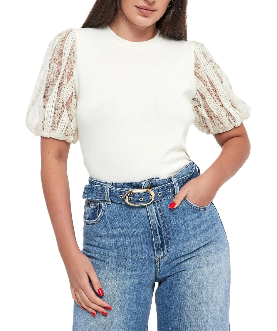 Twin-Set White Puff Sleeve Lace Detail Top