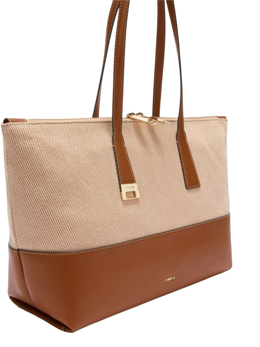 Furla Olivia L Tote Beige Cotton Leather Tote