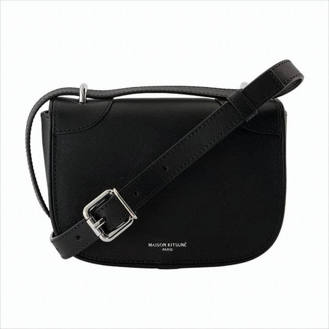 Maison Kitsuné Structured Black Cowhide Leather Shoulder Bag With Fox Emblem