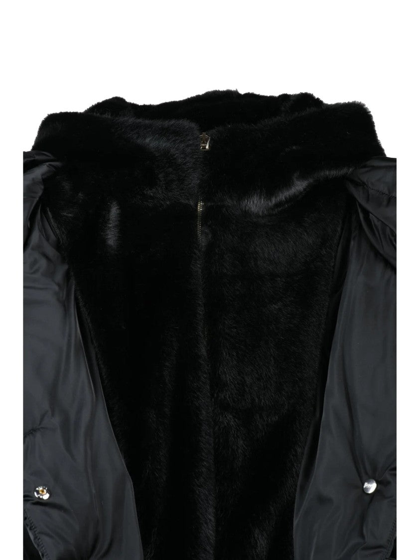 Herno Black Polyester Plush Hooded Down Jacket