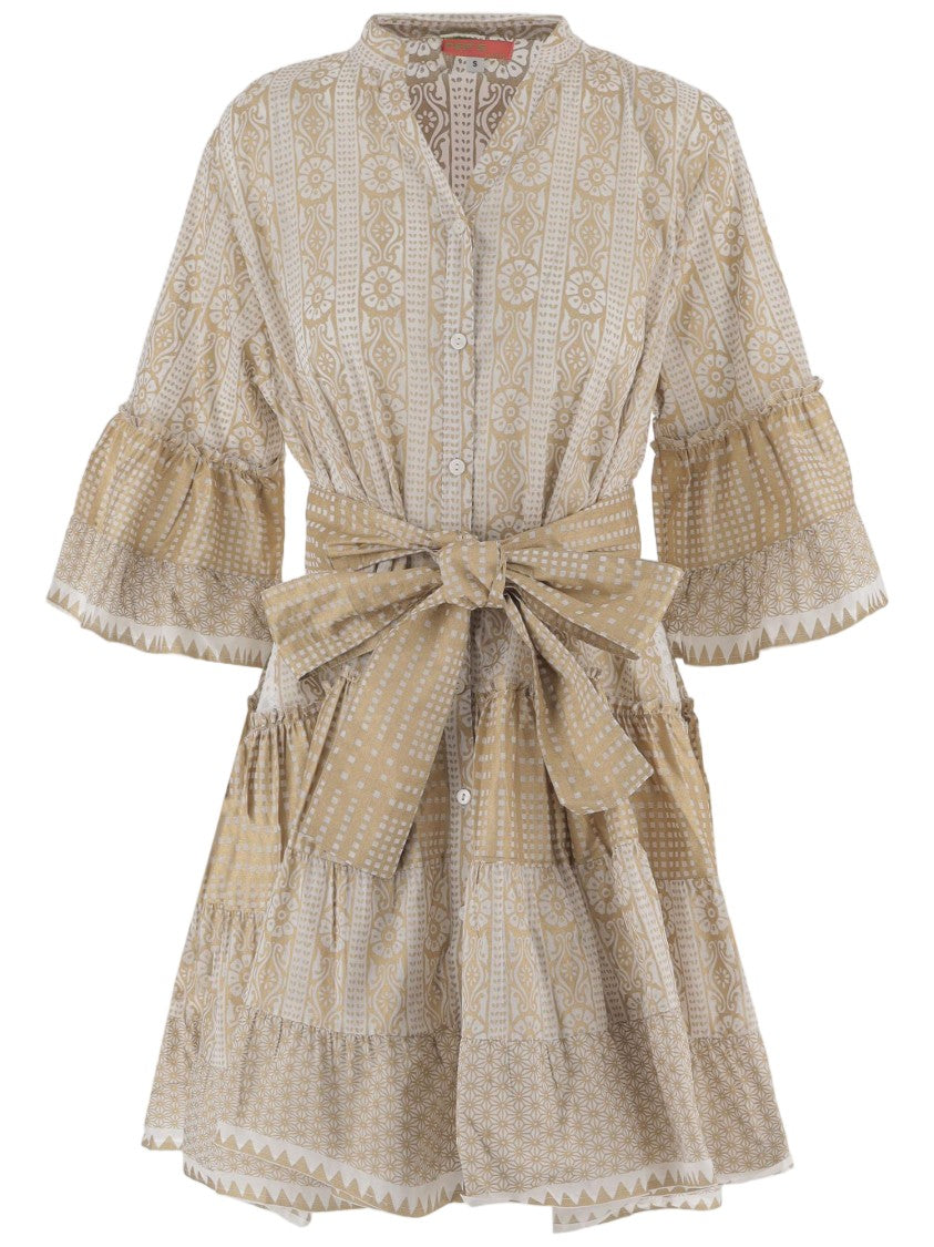 Pep's Cannes Geometric Patterned Cotton Dress With Mandarin Collar And Ruffled Hem