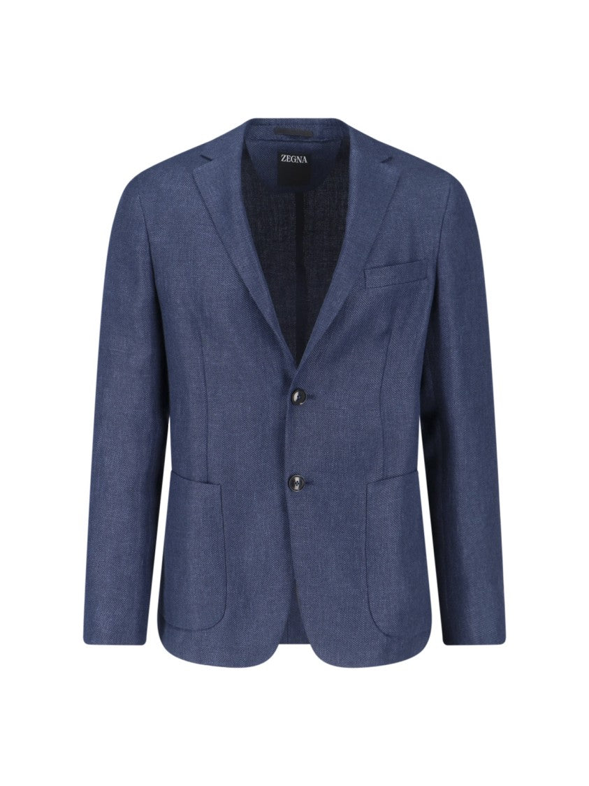 Zegna Blue Textured Wool-Linen Single-Breasted Blazer