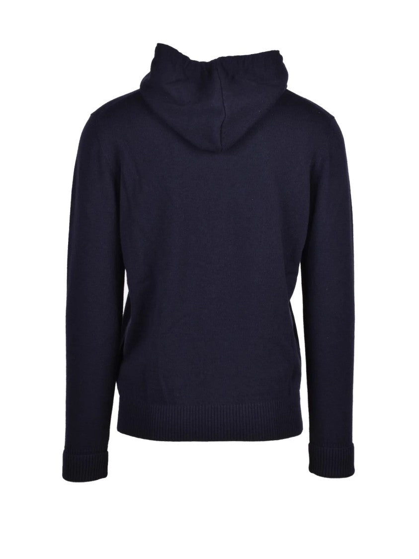 Alpha Studio Navy Knit Sweatshirt With Hood And Drawstrings