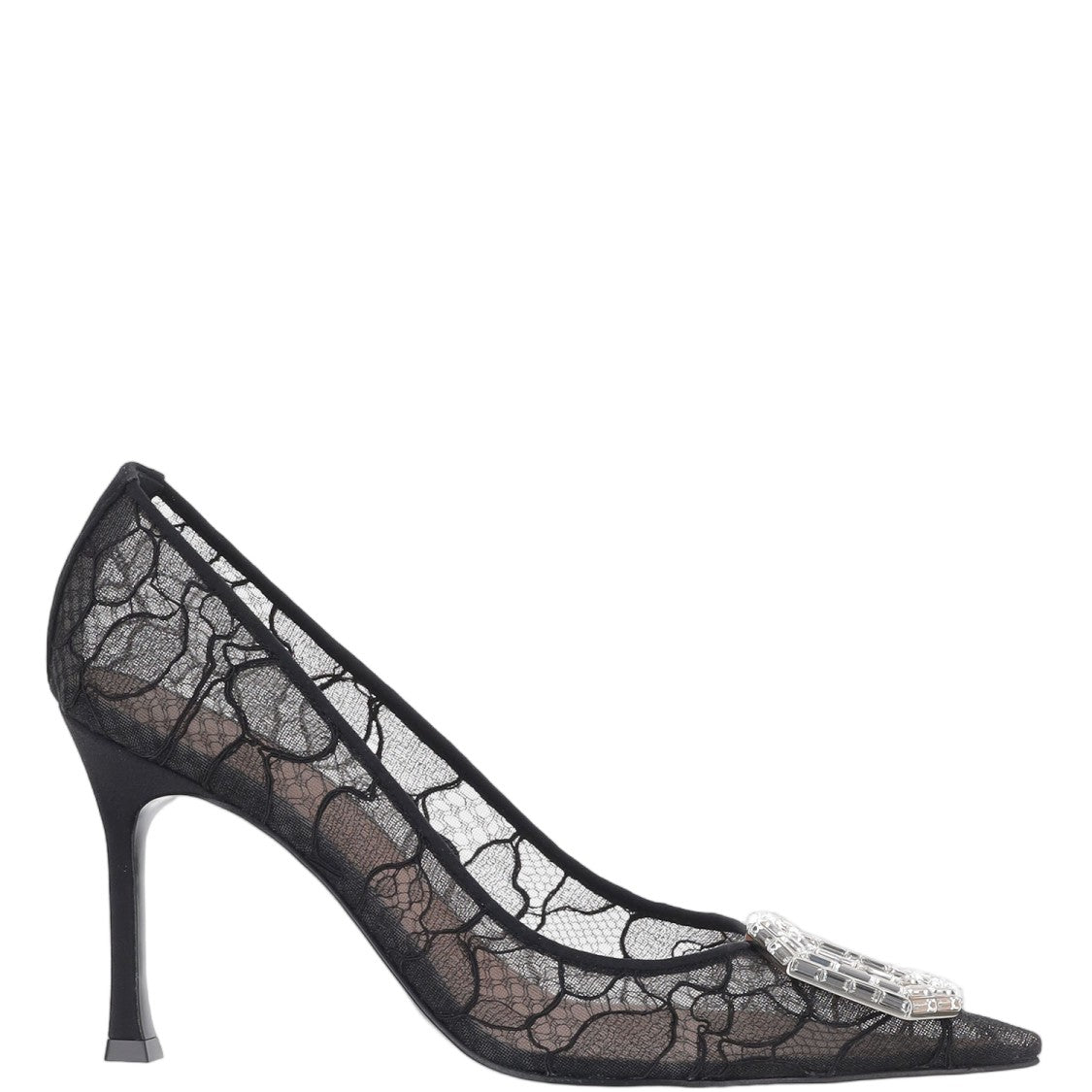 Amina Muaddi Black Camelia Fabric Lace Pointed-Toe Pumps