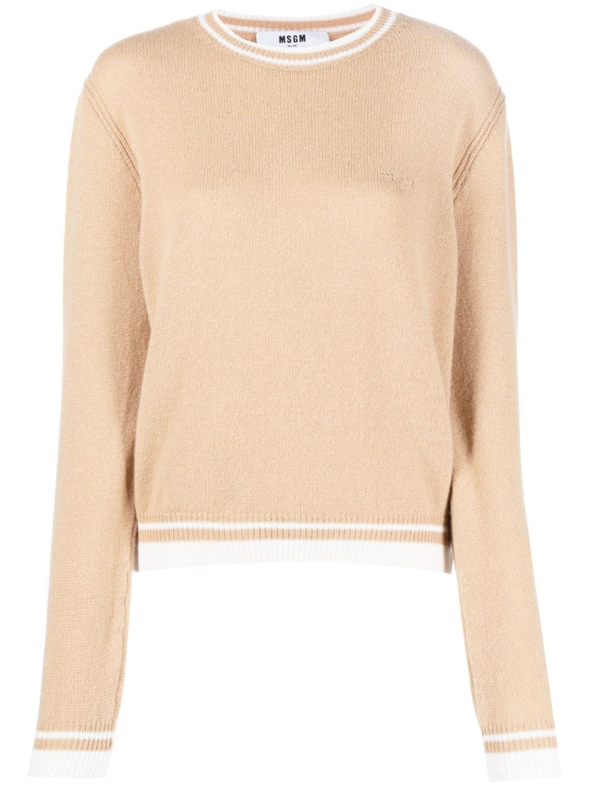 Msgm Beige Knitted Sweater With Subtle Stripe Detailing