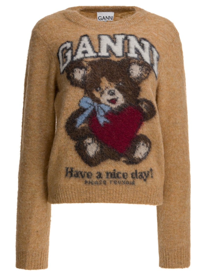 Ganni Wool Sweater With Graphic Teddy Bear Print