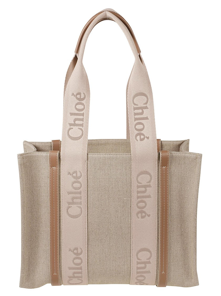 Chloé Rectangular Linen Tote Bag With Leather Accents
