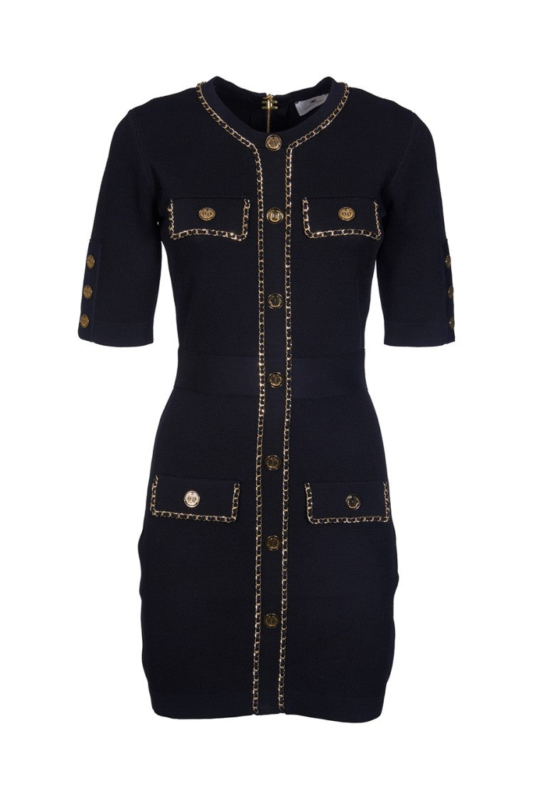 Elisabetta Franchi Fitted Black Mini Dress With Button-Down Front And Gold-Chain Detailing