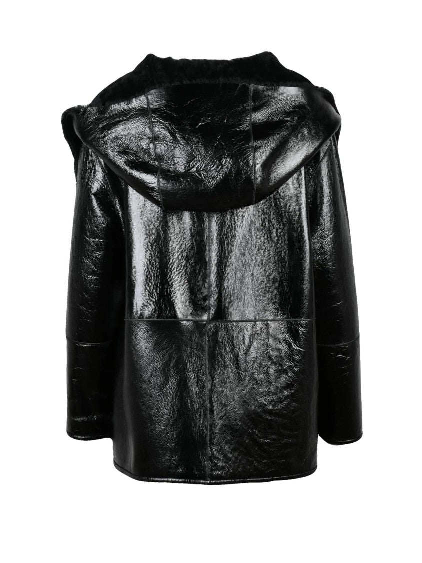 Alberta Ferretti Patent Shearling Coat With Stole And Hood
