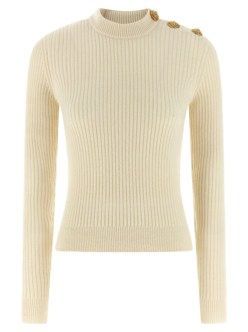 Balmain Ribbed Cashmere And Virgin Wool Sweater With Metal Lion Head Buttons