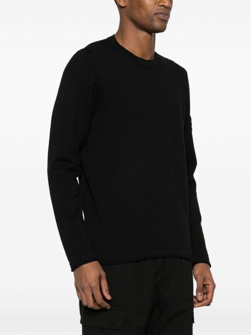 Stone Island Minimalist Black Crew Neck Sweater With Iconic Patch