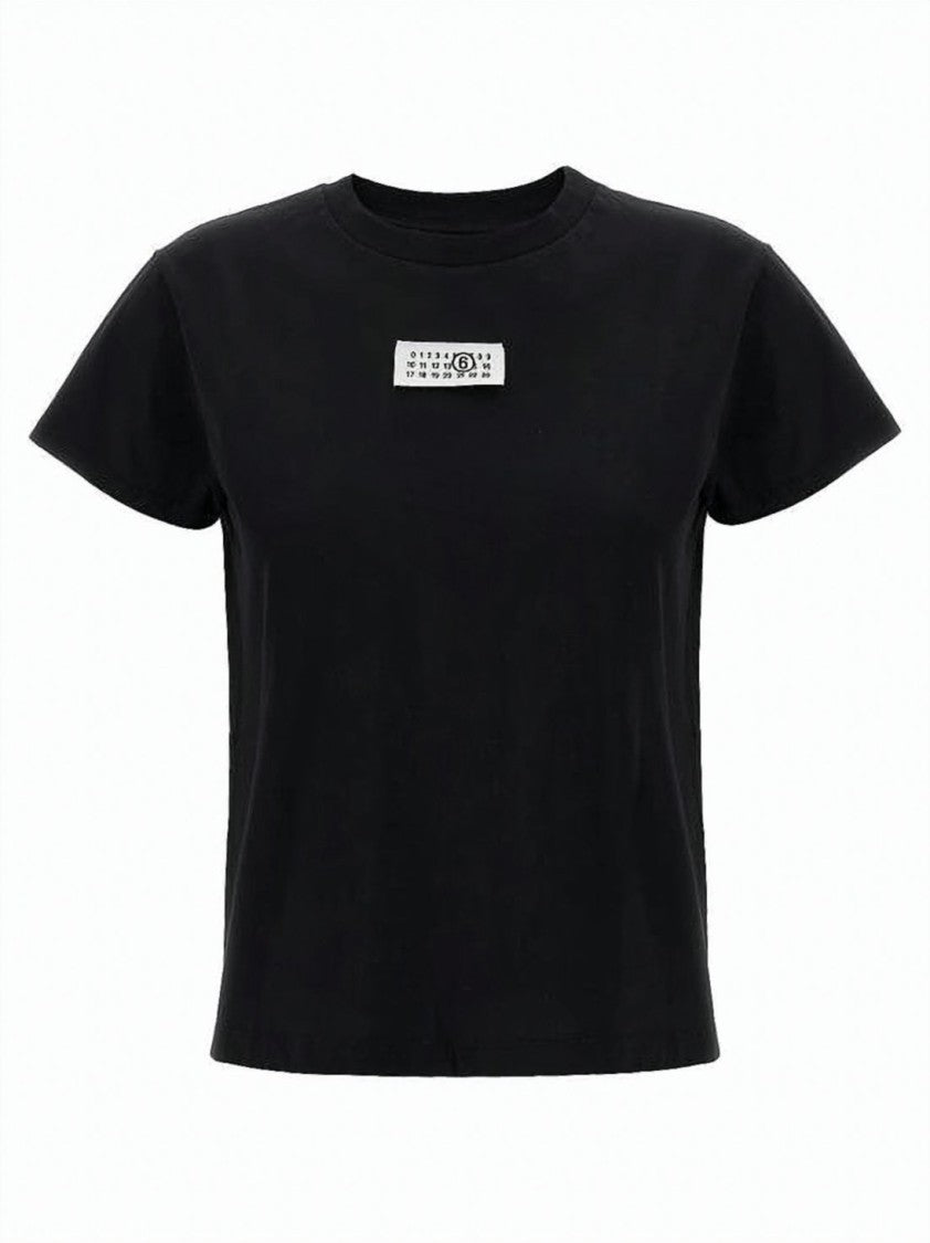 Mm6 By Maison Margiela Cropped Black T-Shirt With Rectangular Label Detail
