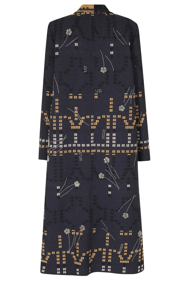 Forte Forte Blue All-Over Embroidered Side Slits Wool Coat