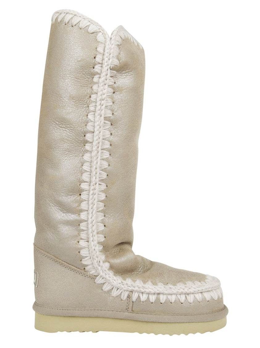 Mou Stone Metallic Crochet Wool Stitching Sheepskin Tall Boots