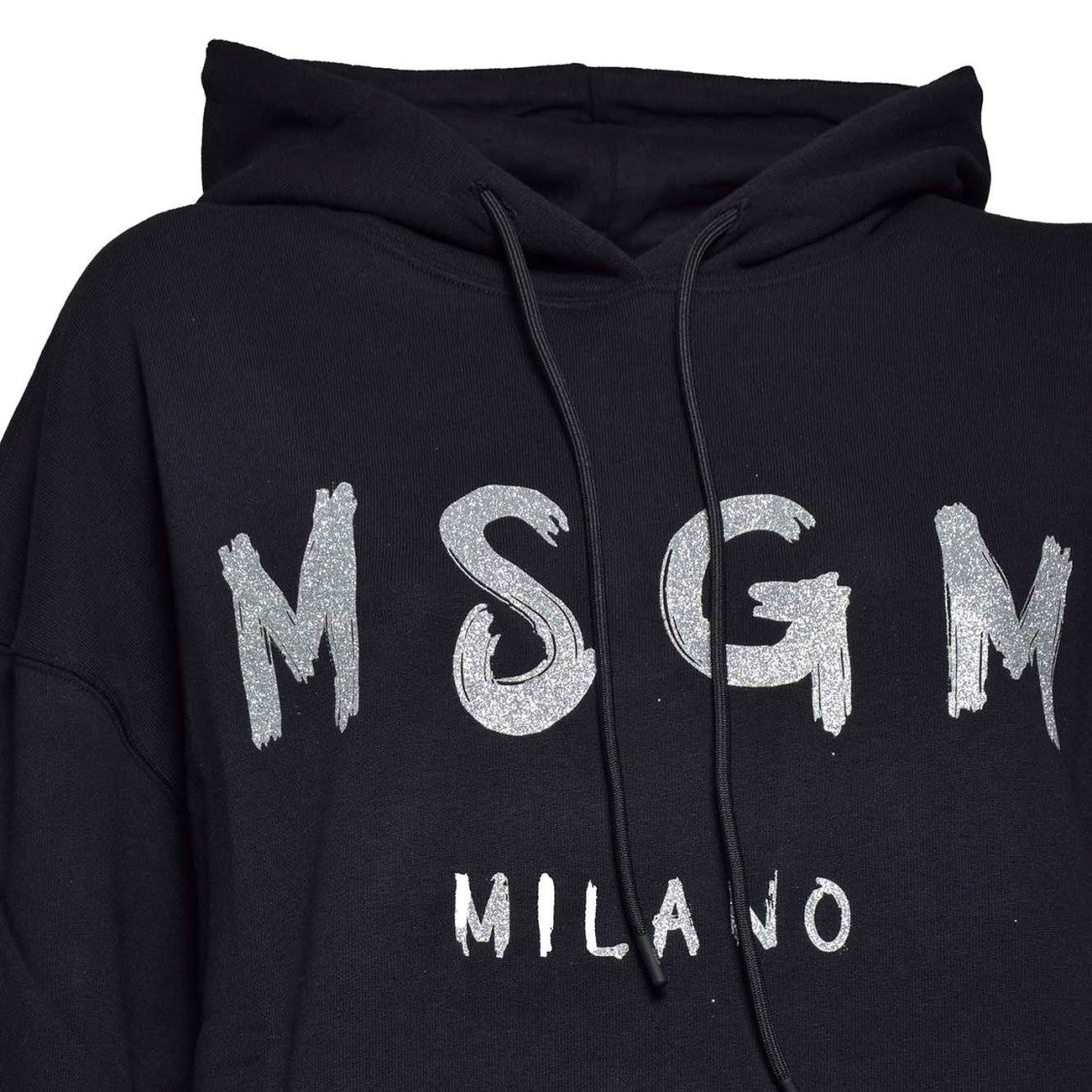 Msgm Black Cotton Hoodie With Glitter Brush Print