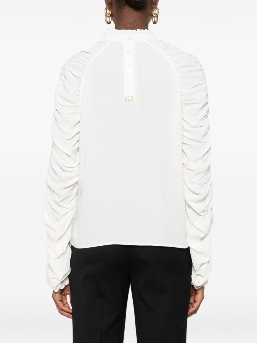 Twin-Set Textured White Blouse With Ruched Sleeves