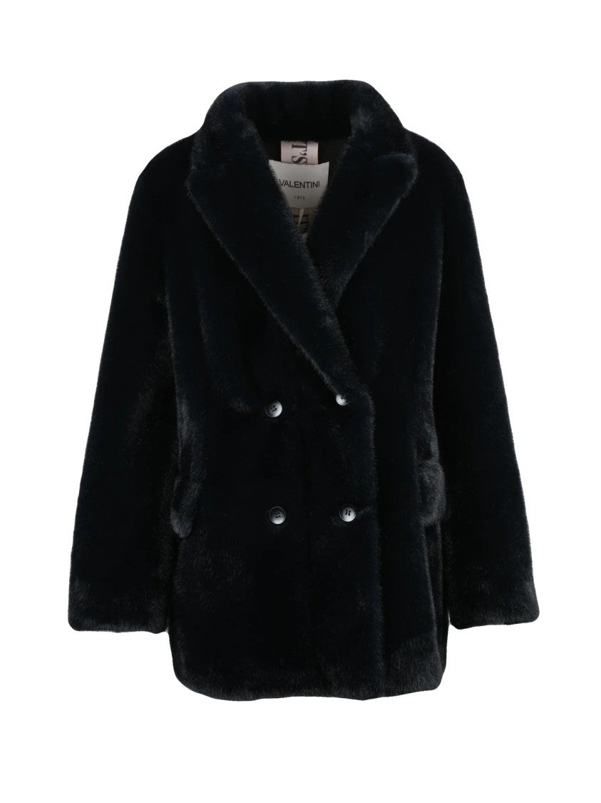 Valentini 1972 Navy Blue Polyester Double-Breasted Faux Fur Coat