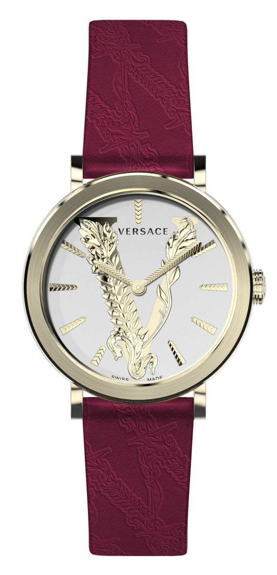 Versace Elongated Oval Gold-Tone Case Versace Watch With Burgundy Strap