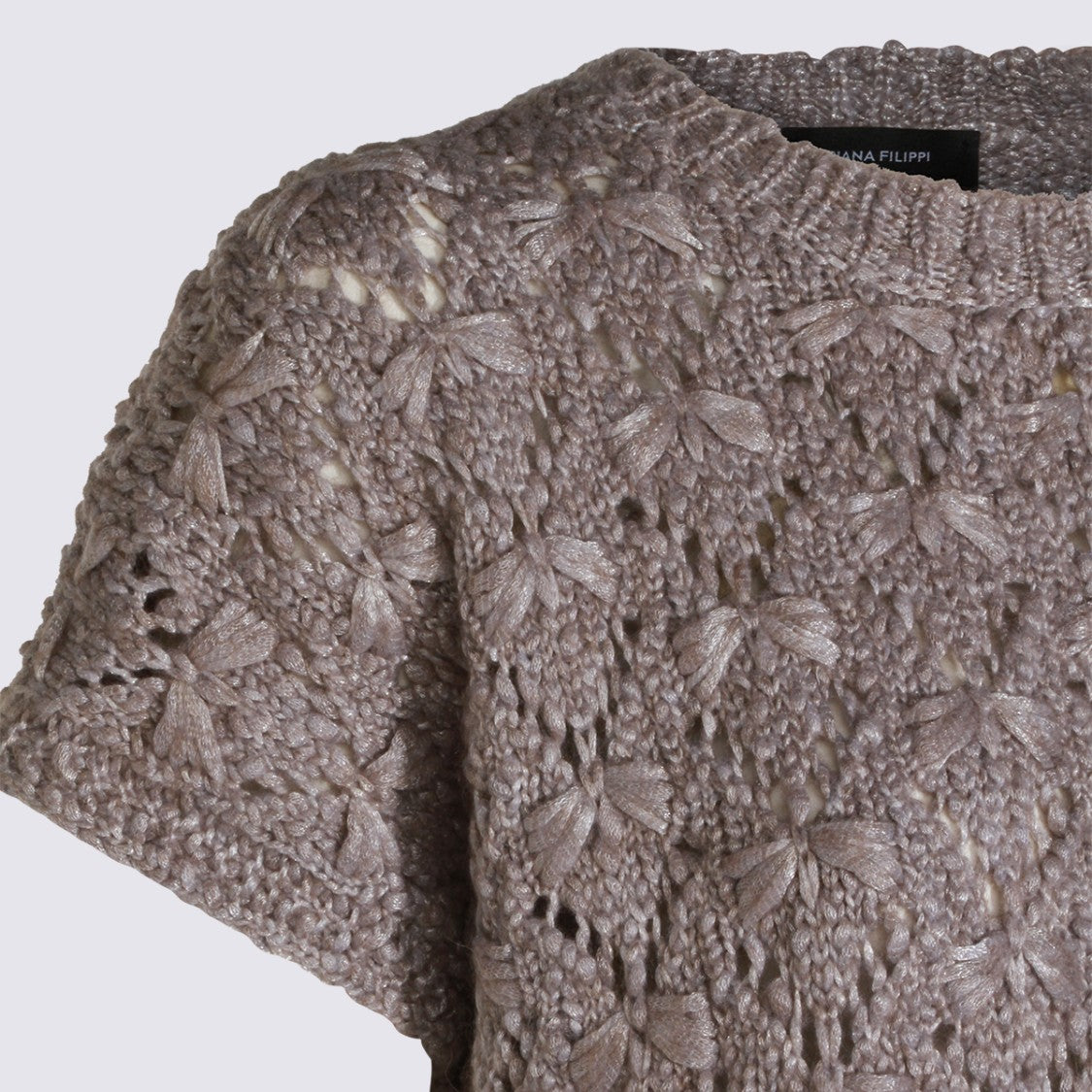 Fabiana Filippi Intricate Open-Knit Grey Sweater With Floral Motifs