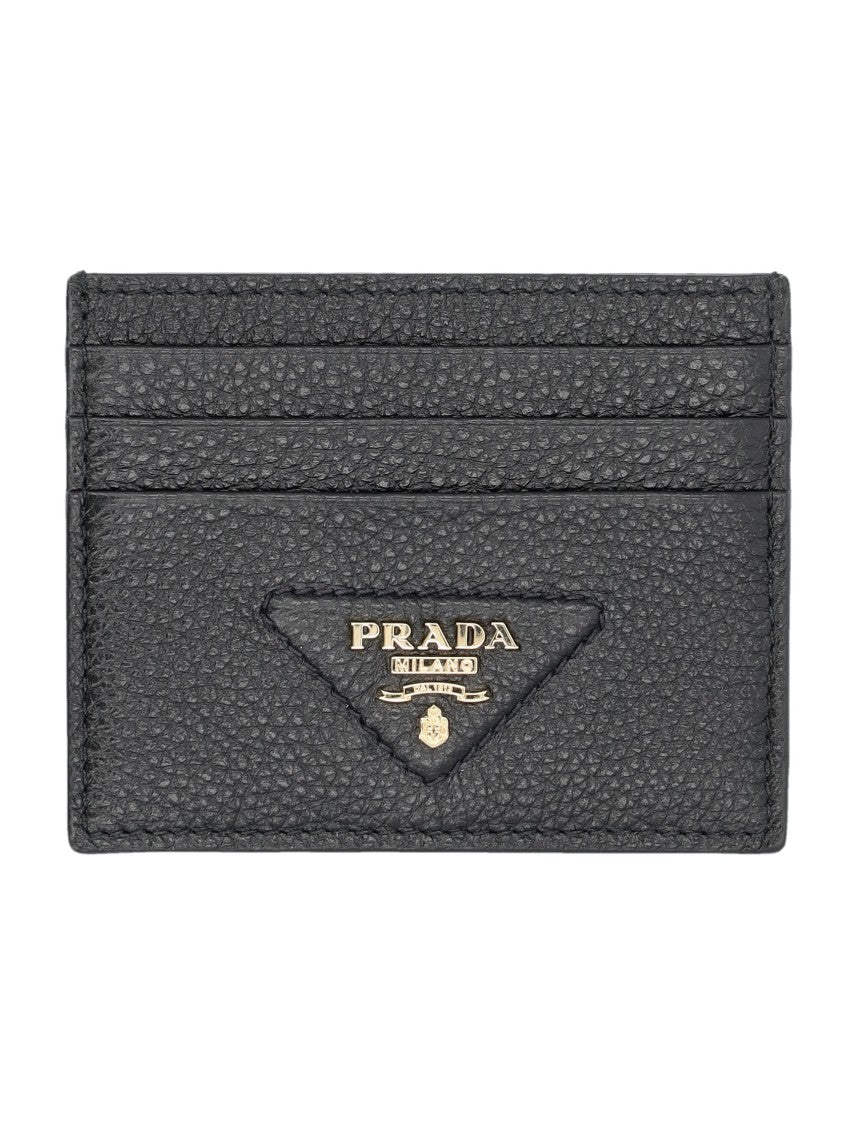 Prada Textured Calf Leather Card Holder With Gold-Tone Triangle Logo