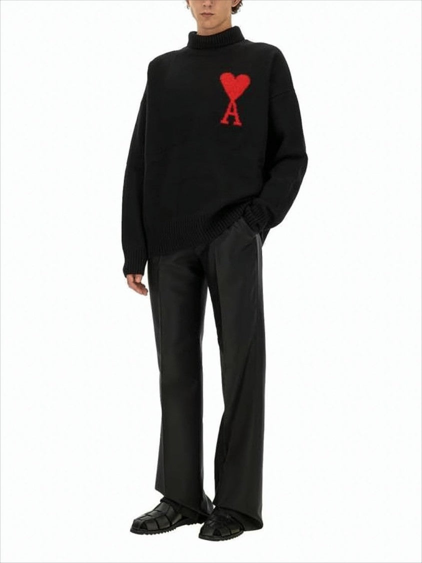 Ami Relaxed Fit Black Wool Turtleneck Sweater With Graphic Heart Motif