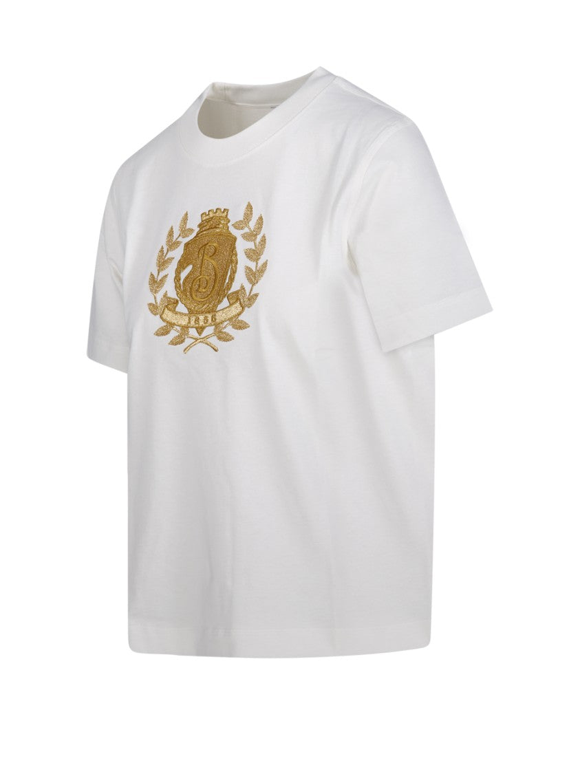 Burberry White Cotton T-Shirt With Gold Emblem