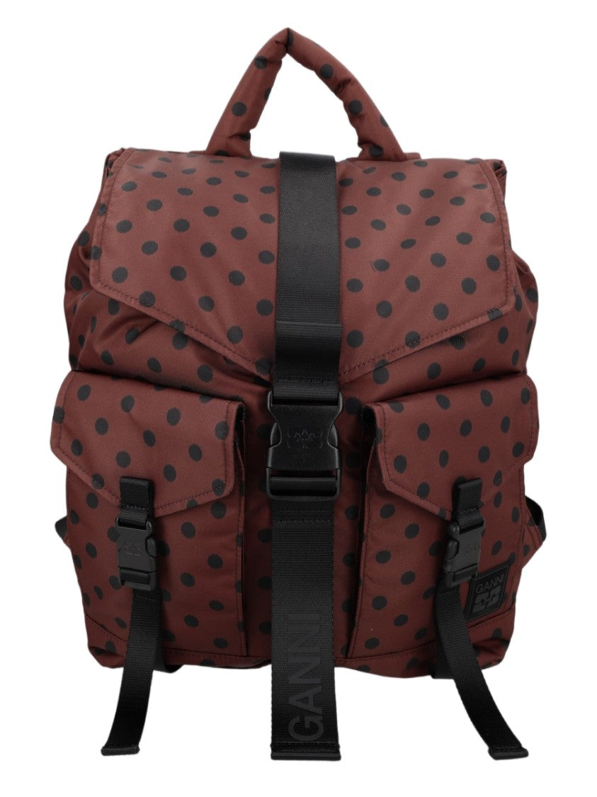 Ganni Polka Dot Structured Brown Recycled Polyamide Backpack