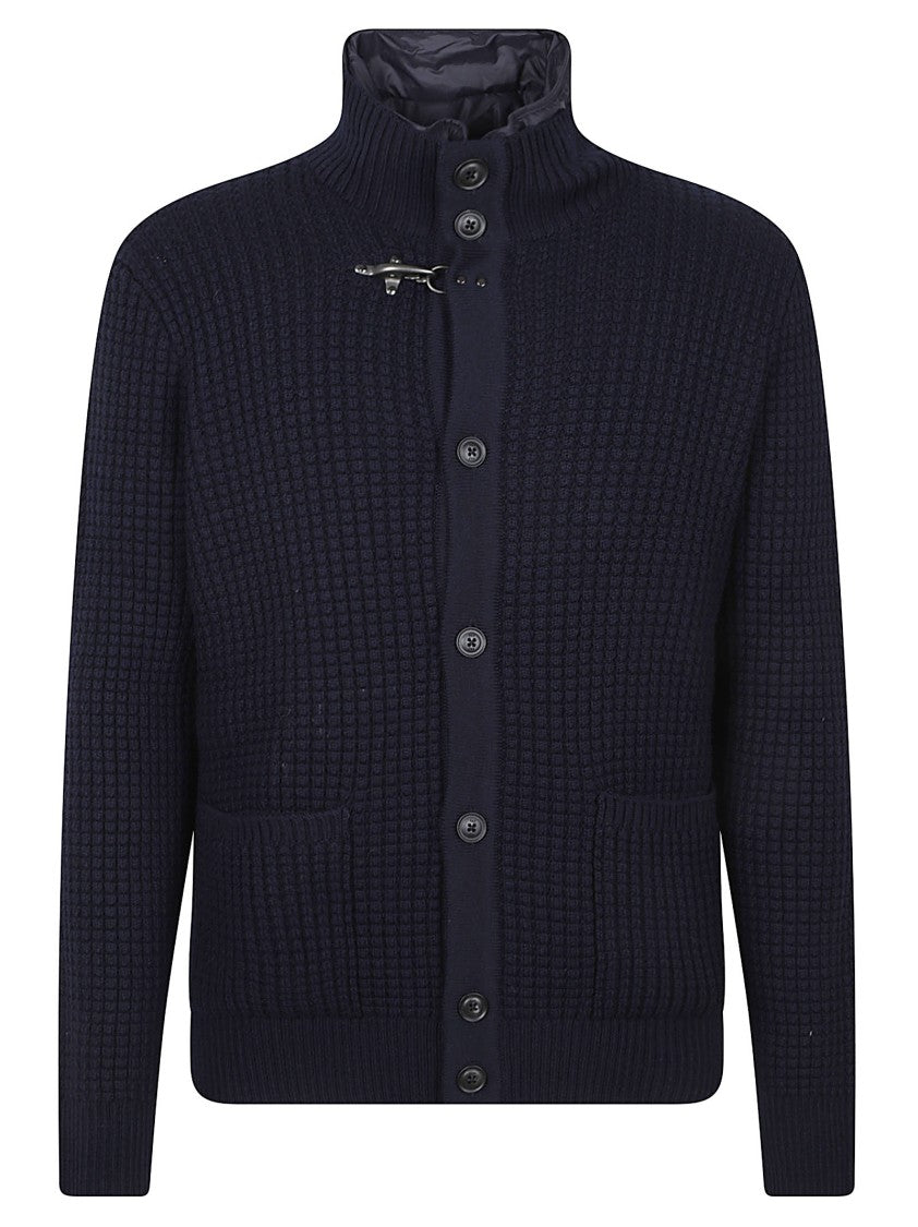 Fay Textured Knit High Collar Sweater With Button-Down Front