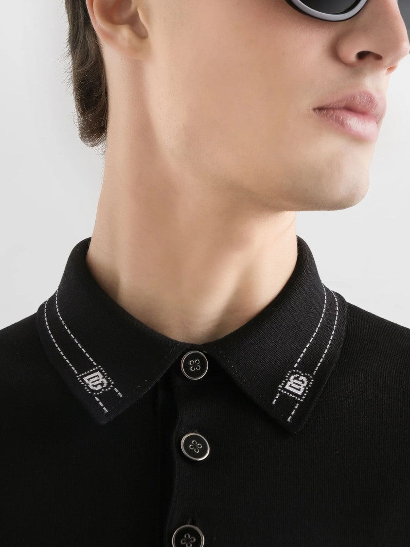 Dolce & Gabbana Black Silk Contrast Stitch Polo Shirt