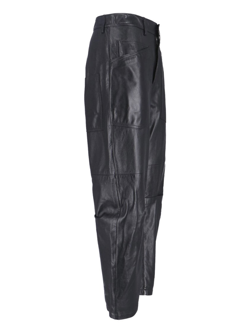 Nili Lotan "Shon" Leather Trousers, Black, Mid-Rise, Belt Loops, Button