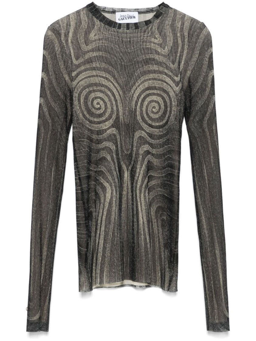 Jean Paul Gaultier Fitted Black Mesh Top With Spiral Print
