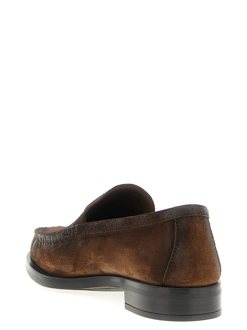 Prada Brown Suede Loafers With Embossed Logo