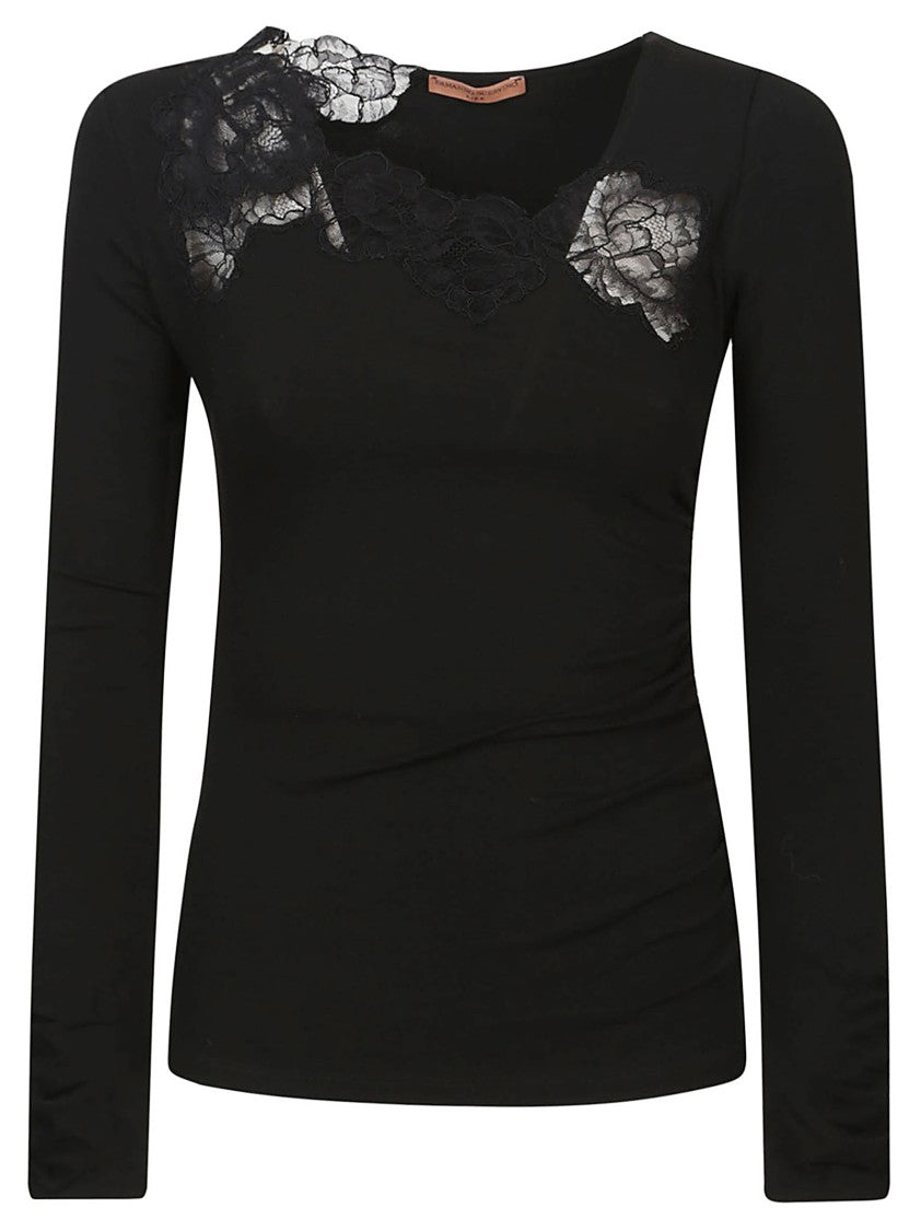 Ermanno Scervino Fitted Black Lace Sweater With Floral Detailing