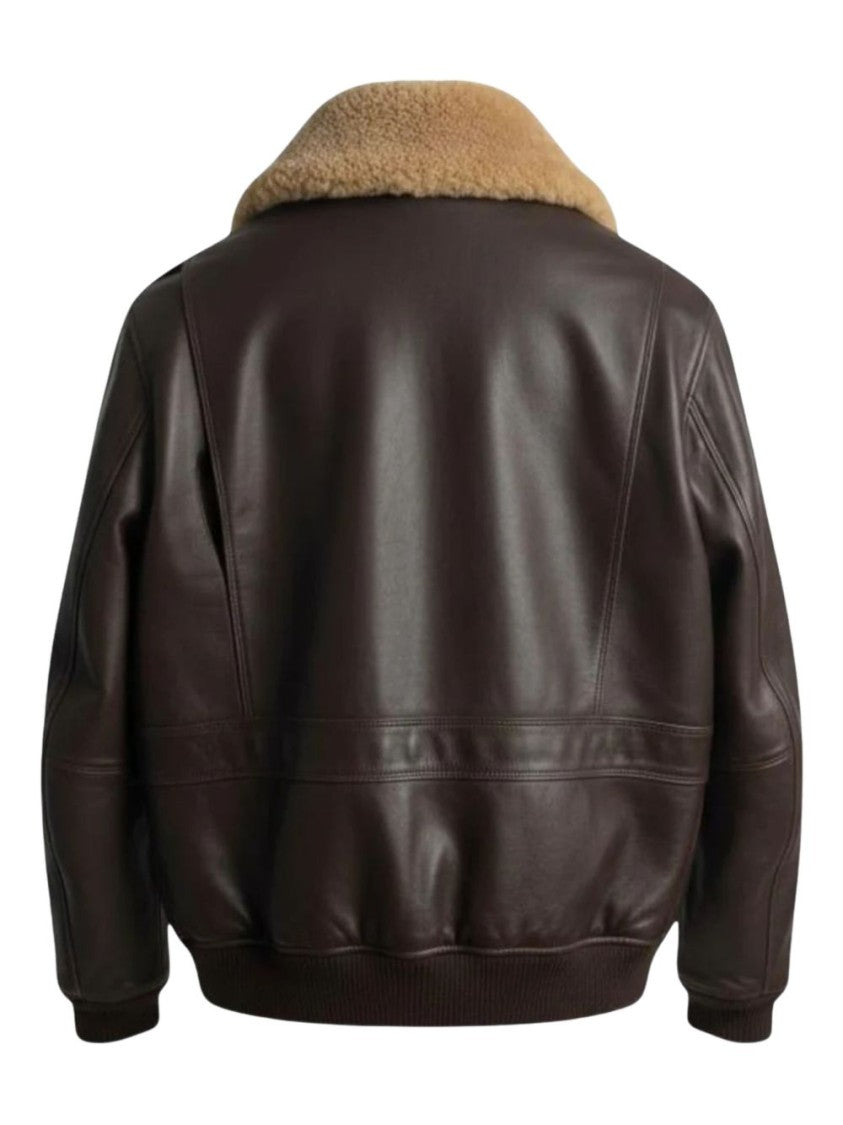 Peuterey Brown Leather Jacket With Shearling Collar And Ribbed Details