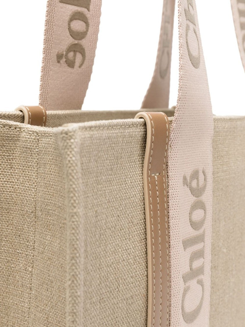 Chloé Textured Linen Tote Bag With Contrasting Handles