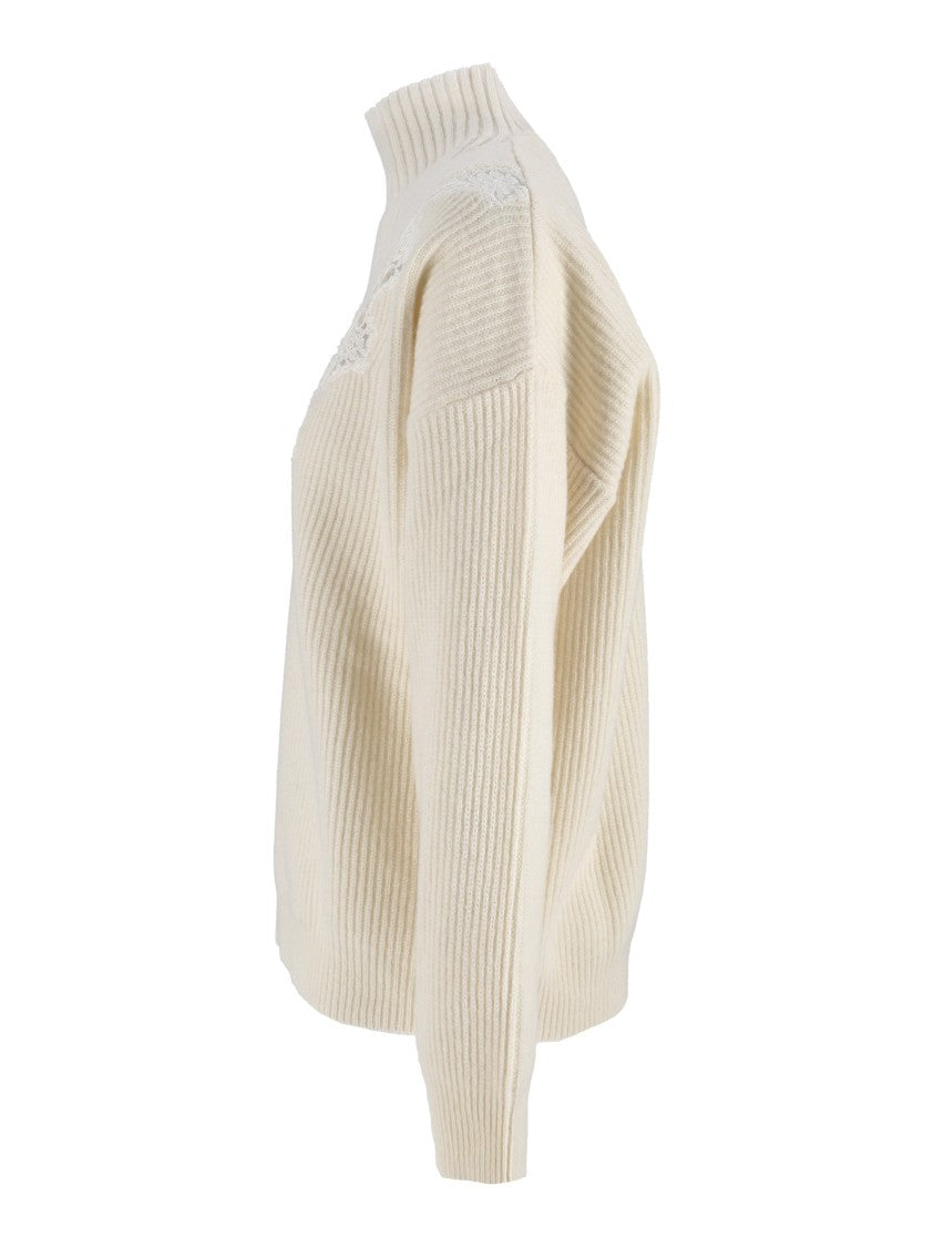 Ermanno Scervino High Mock Neck Lace Detail Ribbed Knit Sweater