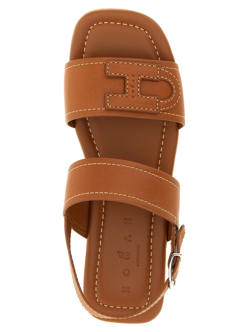 Hogan Warm Brown Leather Sandals With Emblem Detail