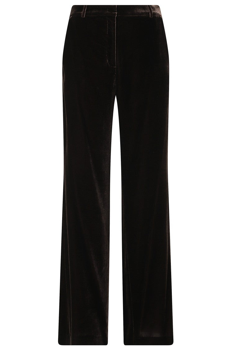 Kiltie Andrea Brown Viscose-Blend Velvet Straight-Leg Pants