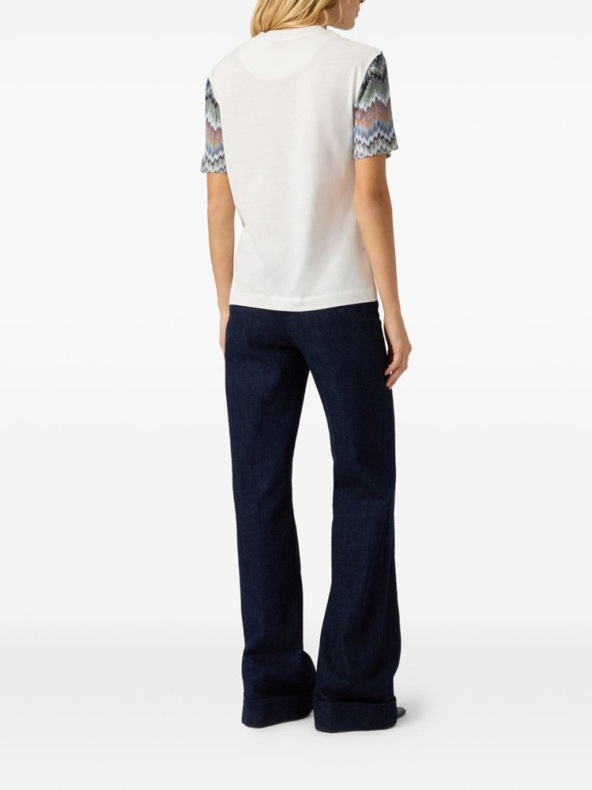 Missoni Short-Sleeved Top With Multicolored Zigzag Knit Sleeves