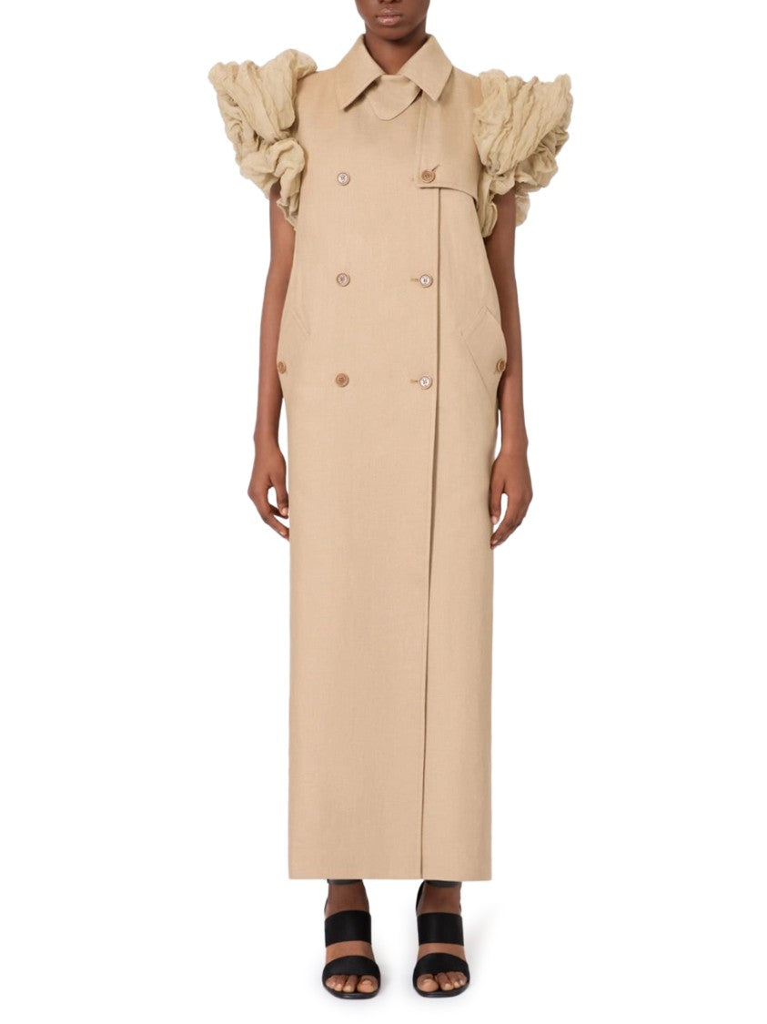 Max Mara Sleeveless Double-Breasted Linen Long Coat With Ruffled Shoulders